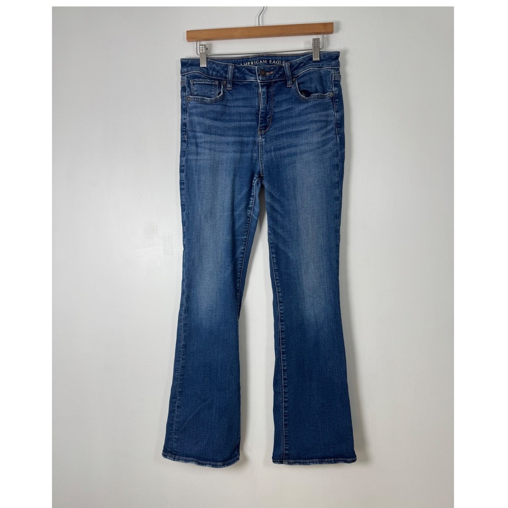 Boho American Eagle‎ Womens 10 Regular Kick Boot Jeans Blue Stretch Frayed Hem